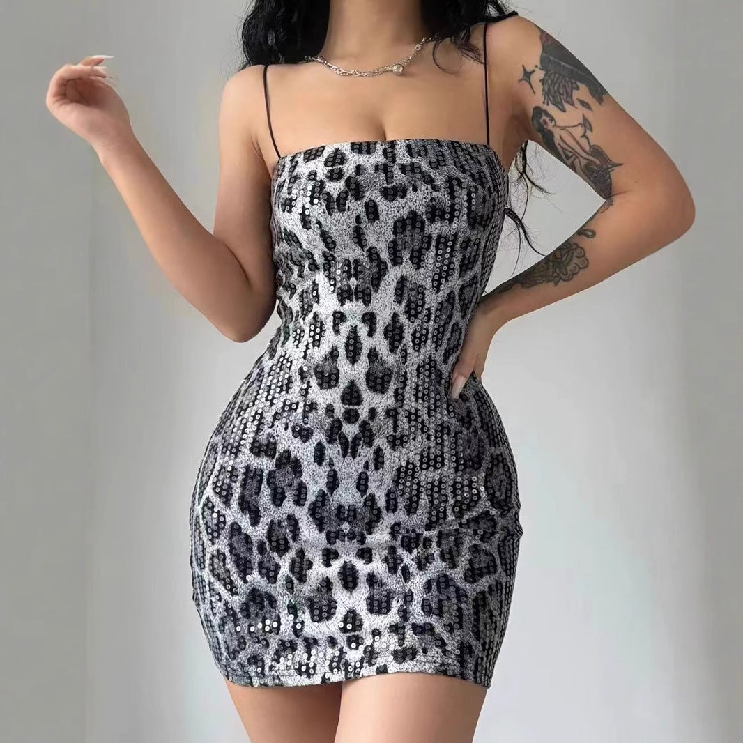 Autumn Winter Fashion Print Nightclub Strap Sequin Dress 4