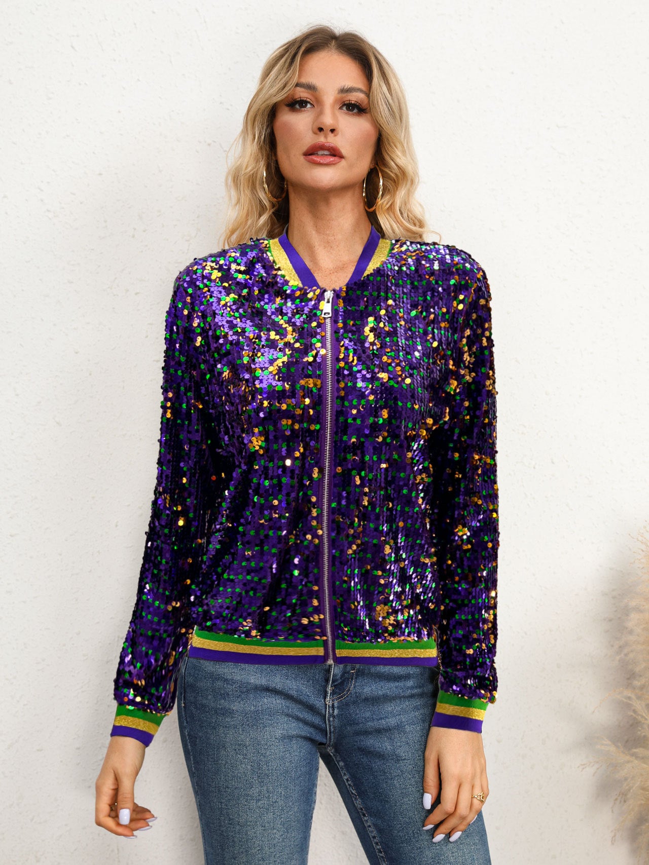 Women Long Sleeve Sequined Fashion Trendy Baseball Jacket 4