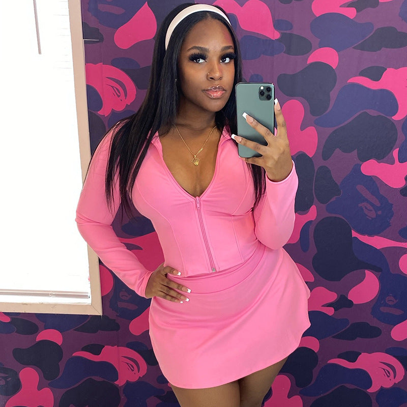 Women's Stand Collar Long Sleeve Slim-Fit Zip-Up Cropped Top & Short Skirt Two-Piece Set 12