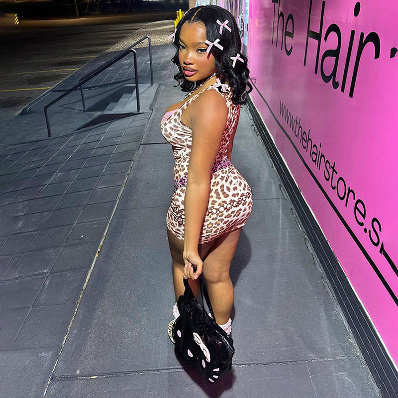 Women's Spring Sexy Lace Patchwork V-Neck Bodycon Leopard Dress 8