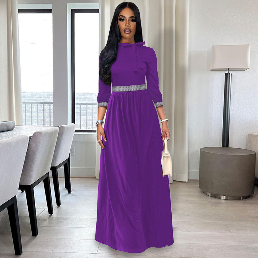 Fall Winter Slim Waist Maxi Tie Bow Long Slim Dress 3