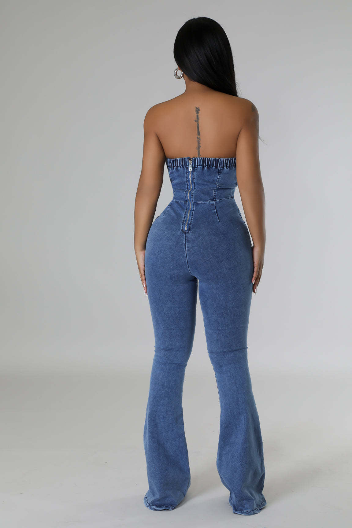 Women Casual Sexy Strapless Backless Adjustable Strap Denim Jumpsuit 6