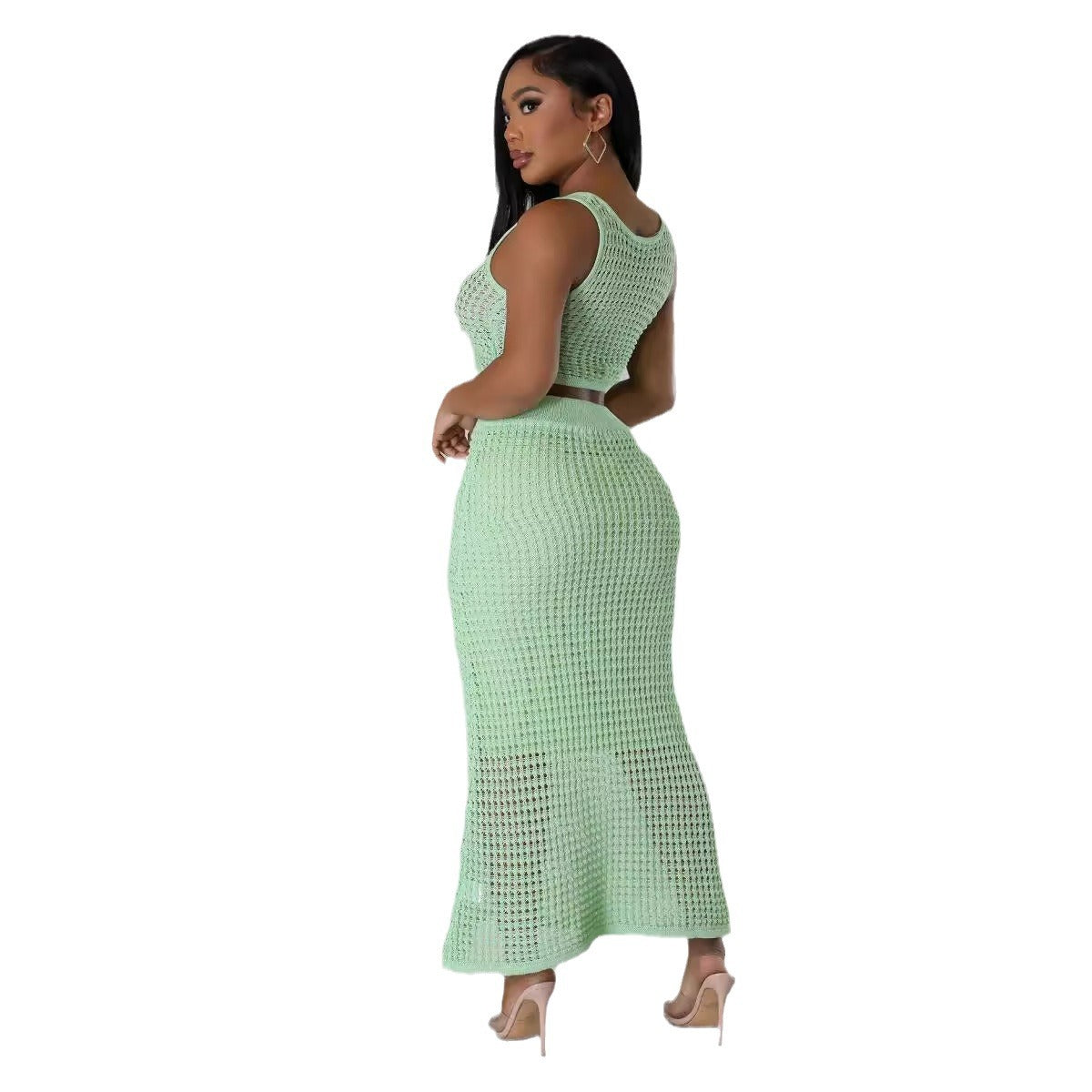 Women tassel fishnet knitting Casual Top and Skirt two-piece set 9