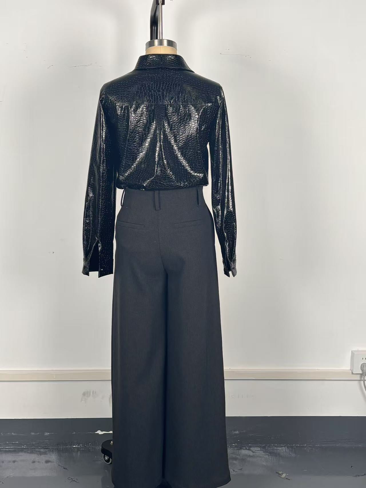 Women Pu Leather Shiny Snake Print Long-Sleeved Shirt 6