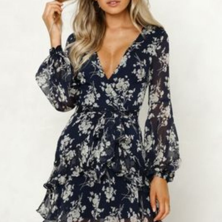 Spring and summer women's long-sleeved printed v-neck casual dress 5
