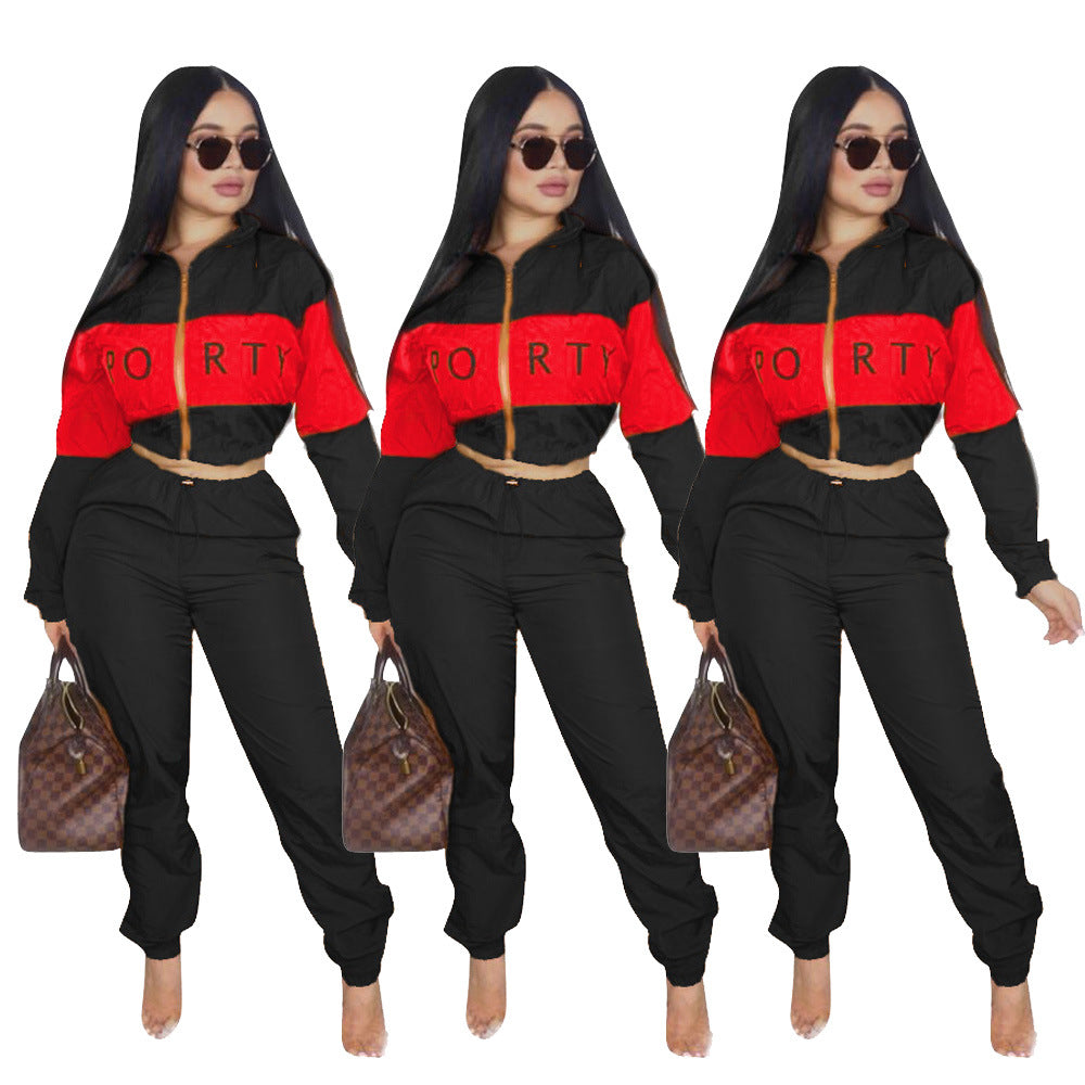 Women's Letter Print Color Block Patchwork Trench Hoodies Pants Set 3