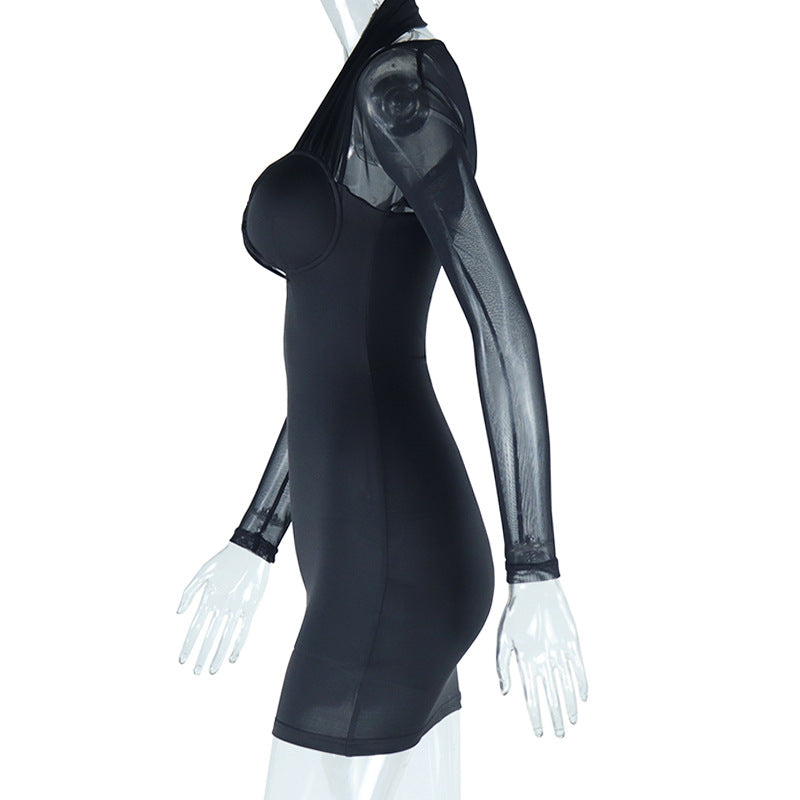 Women Sexy Halter Neck Mesh Patchwork Long Sleeve Dress 7