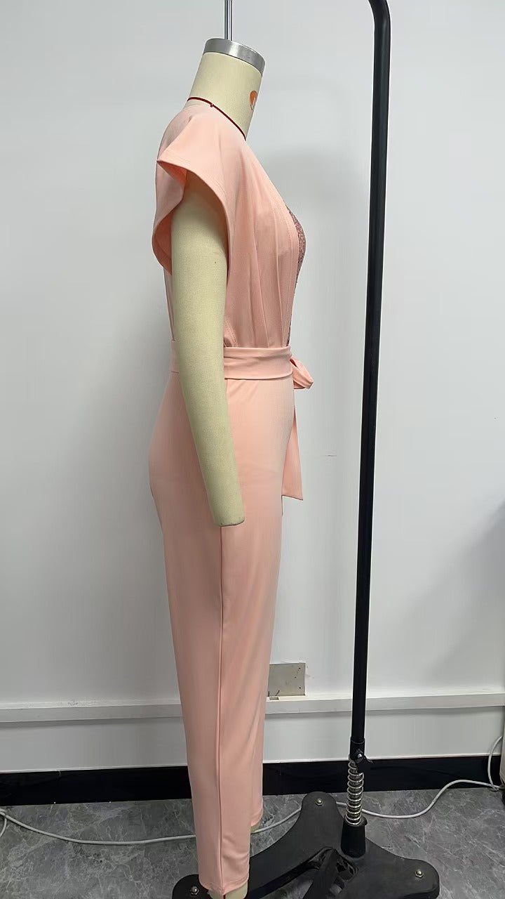 Women Winter Slash Shoulder Sequin Jumpsuit 6