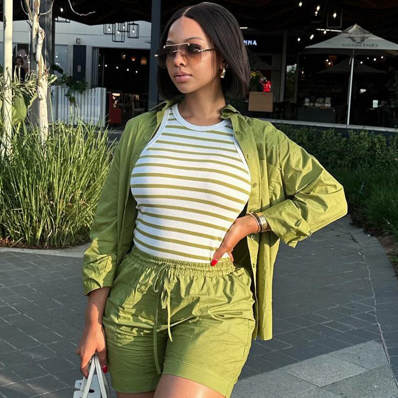 African Print Long-Sleeve Shirt Shorts Two-Piece Set 4