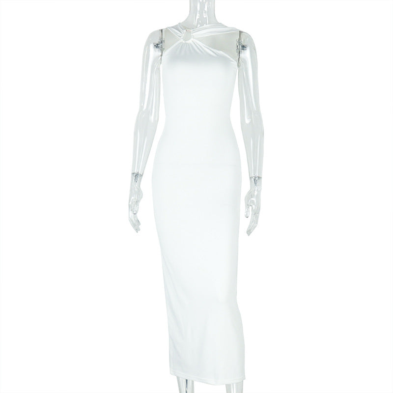 Women Elegant Solid Metal Pleated Bodycon Halter Asymmetric Neck Maxi Dress 10