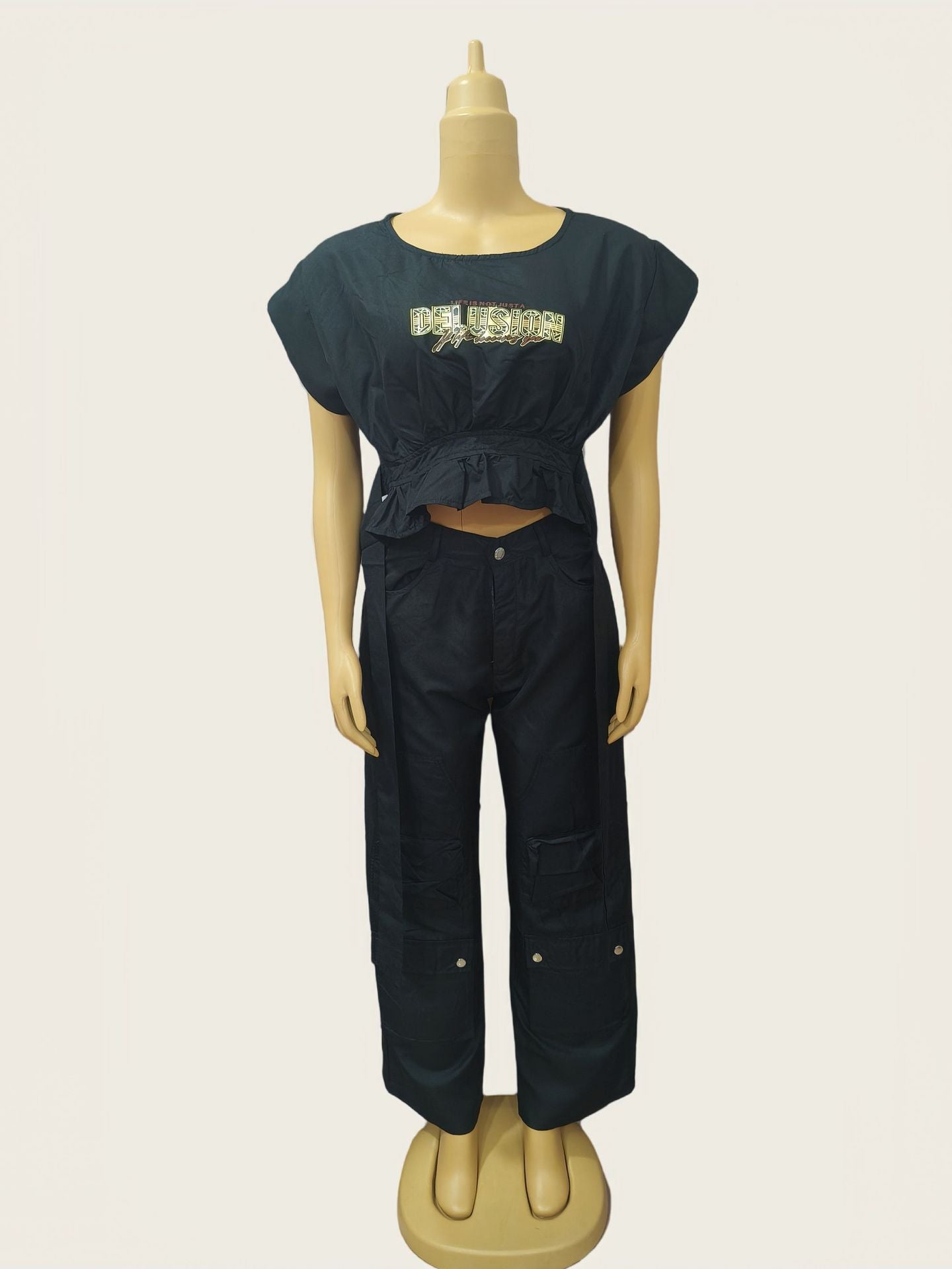 African Print Round Neck Slim Waist Short-Sleeve Top + Loose Cargo Pants Set 3