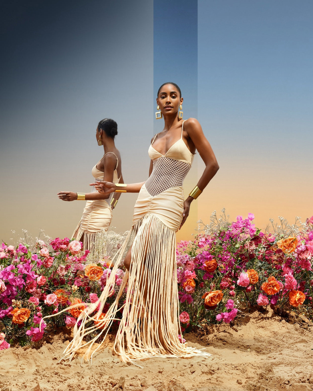 Spring Summer Fashion Strappy Mesh Open Waist Sexy Pleated Bodycon Fringe Dress 7