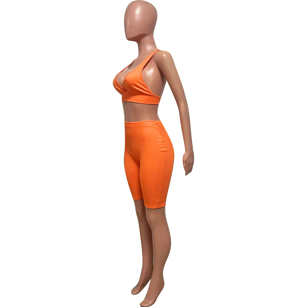 Summer fashionable beach holidays casual ribbed solid color two-piece shorts set 14