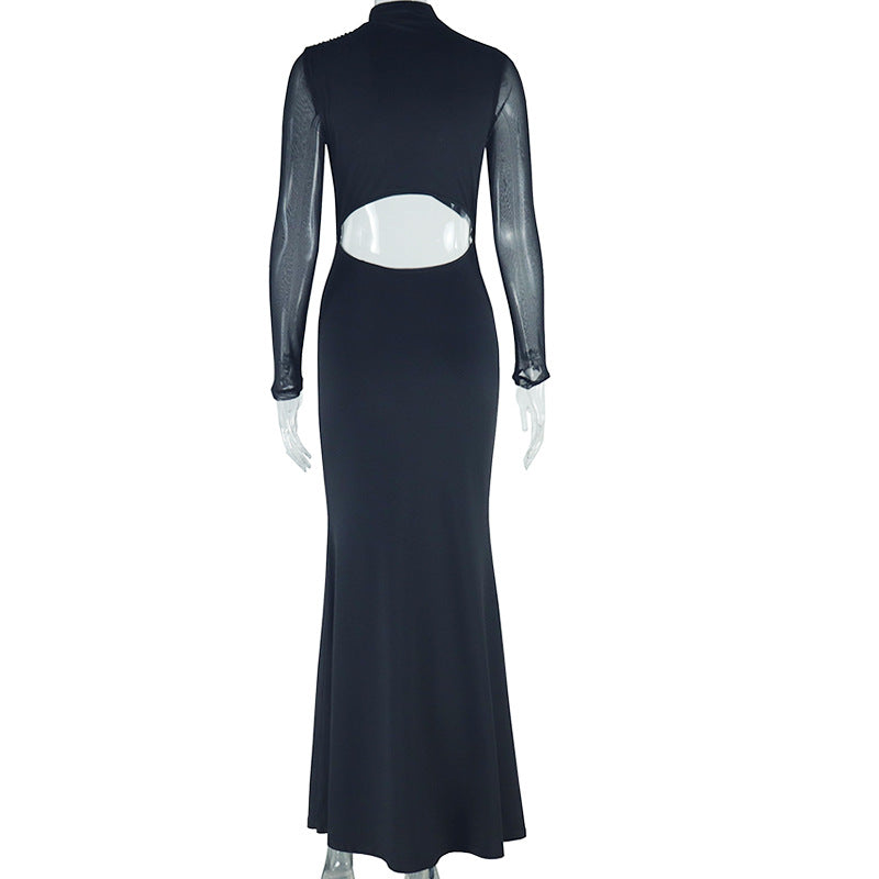 Women Solid mesh Patchwork Long Sleeve Hollow Chic Casual Dress 8