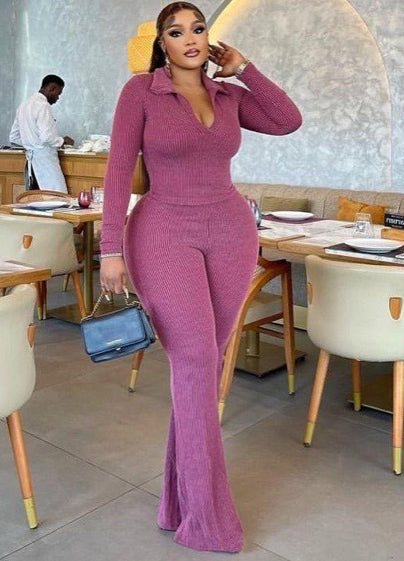 Women turndown collar knitting long sleeve top and Pants two-piece suit 5