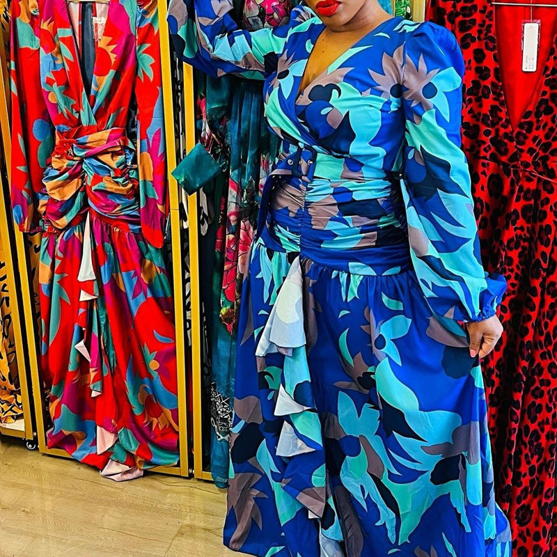 Spring women's retro printed deep v slit slim-fit long dress 6