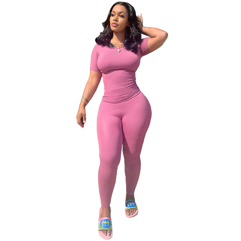 Plus Size Sports Two Piece Ribbed High Stretch Solid Color Suit Women