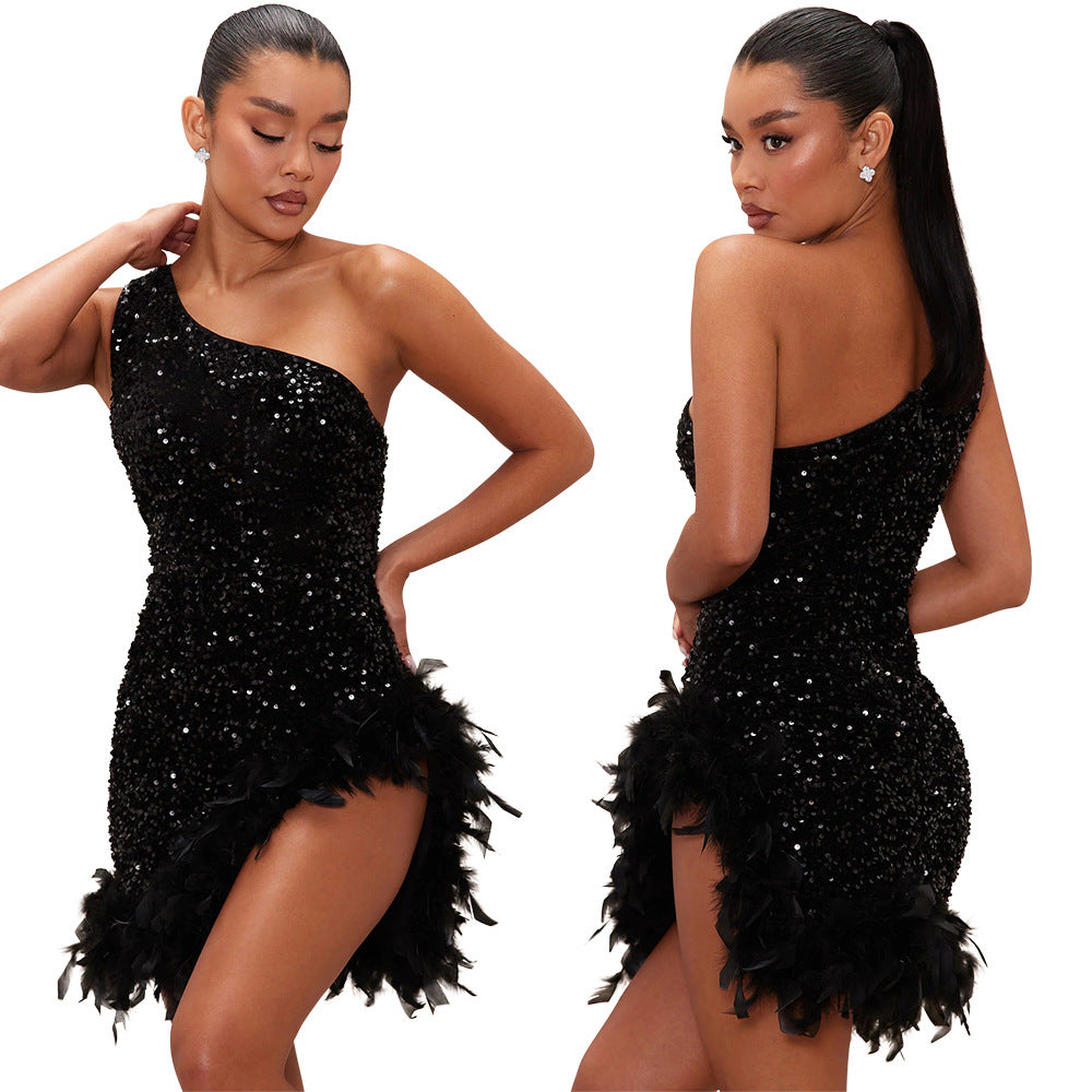 Fashion Slash Shoulder Feather Sequin Slit Club Dress 6