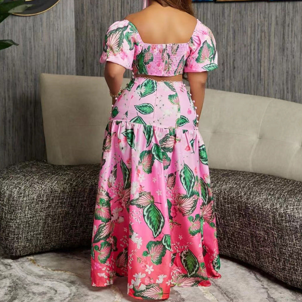 Women Casual Leaf Ombre Print Top and Skirt Two-Piece Set 5
