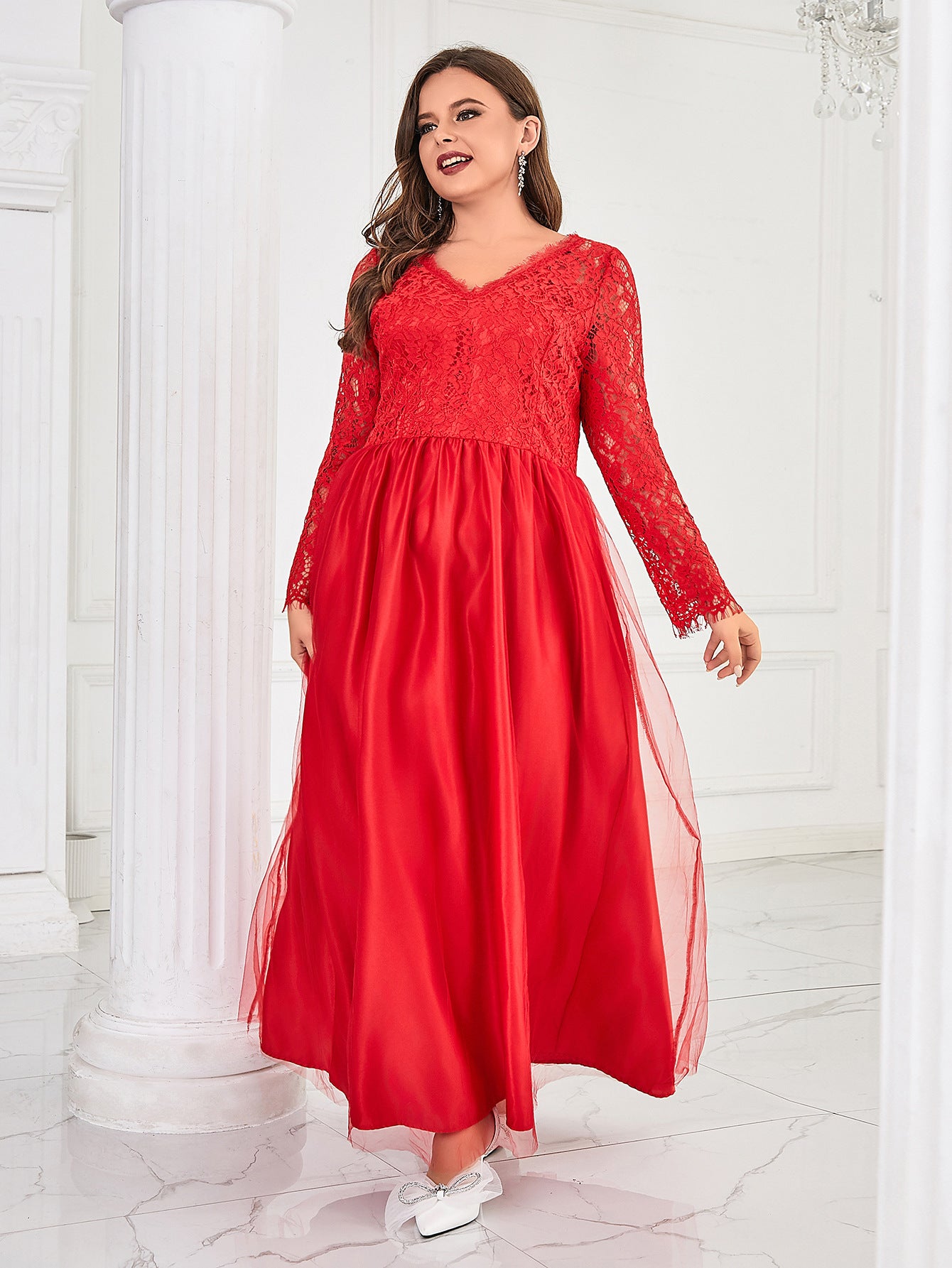 Plus Size Women Solid V-neck Long Sleeve Elegant Mesh Maxi Dress 5