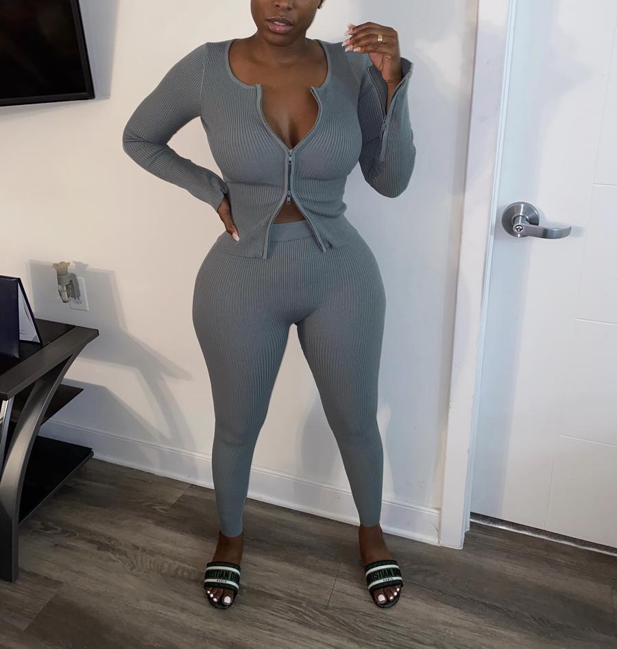 Women Solid Casual Zippered Ribbed Top and Pants Two-piece Set