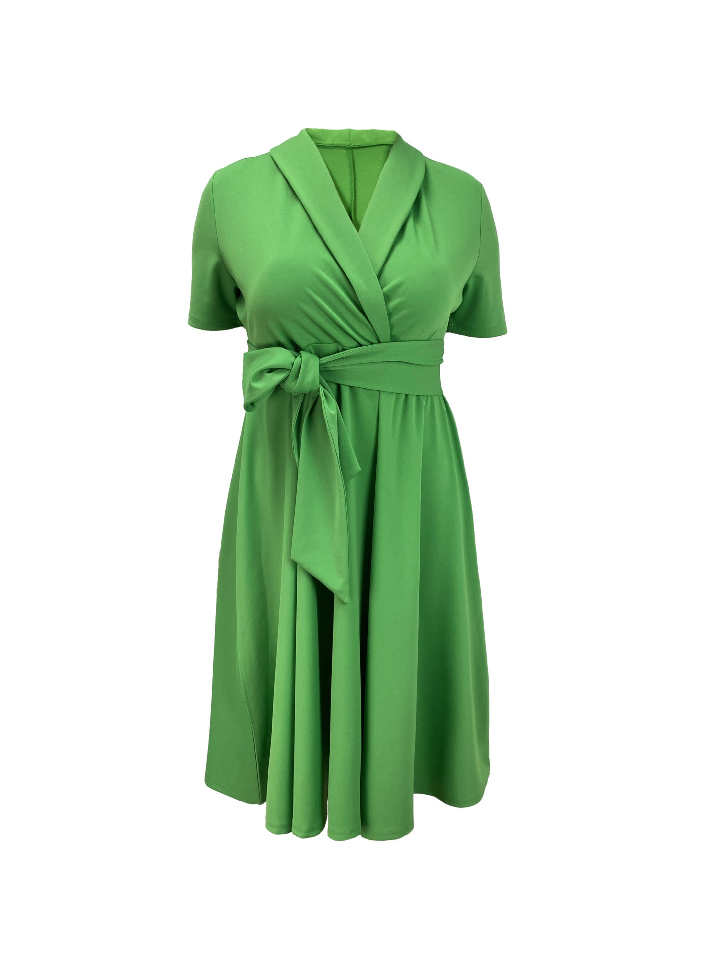 Plus Size Women Cross Turndown Collar Short Sleeve Solid Dress 4