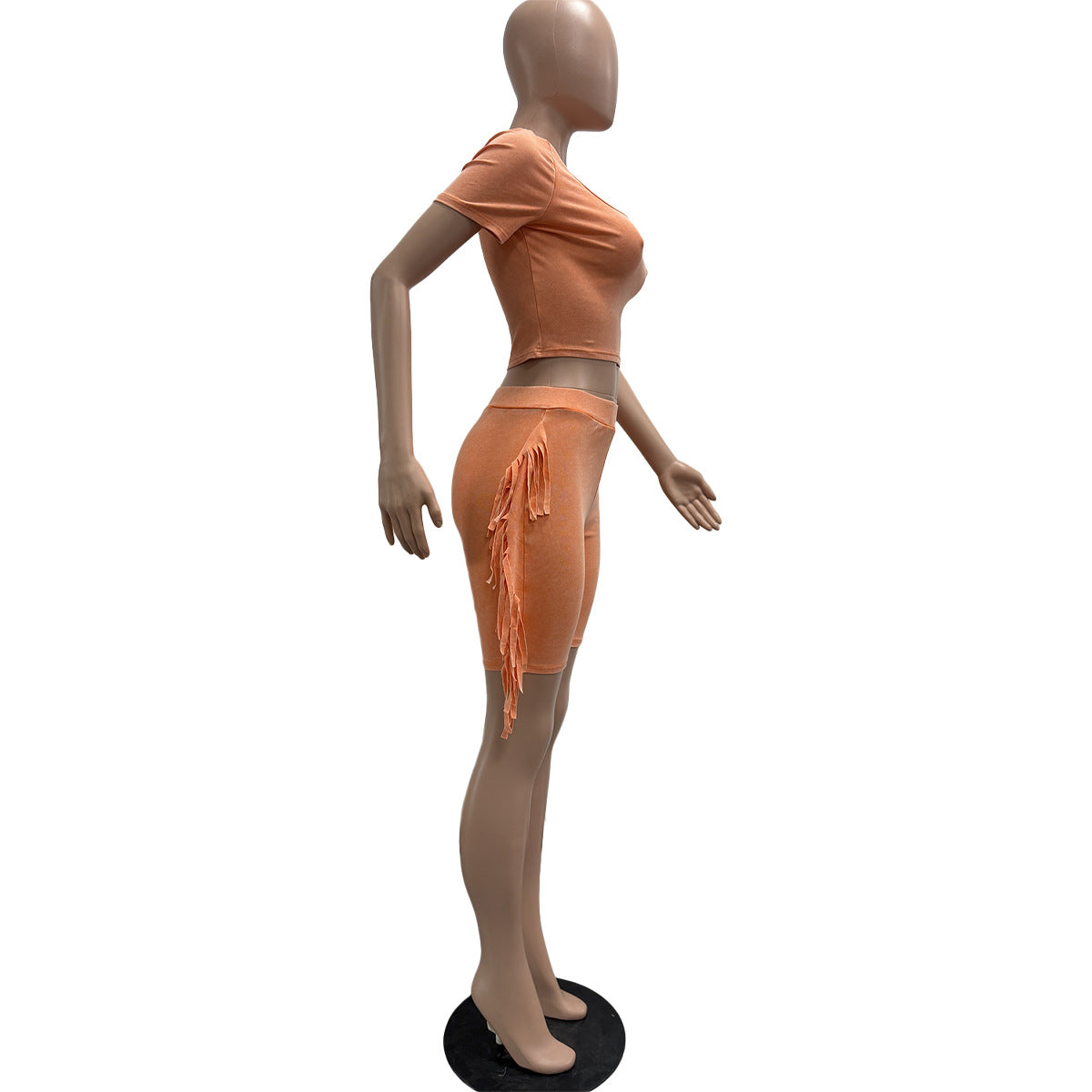 Fashionable Women's Solid Color Short Sleeve Tassel Elastic Shorts Set 11