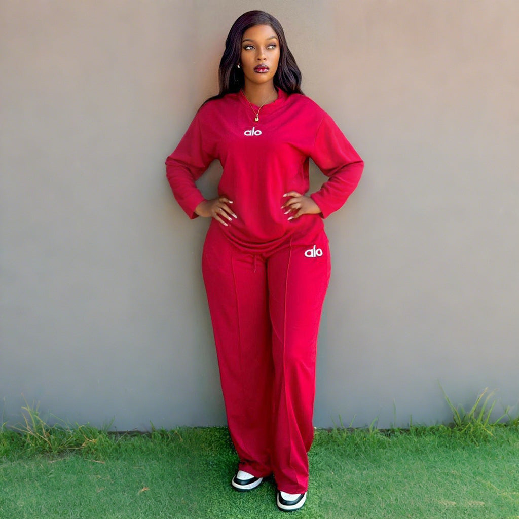 Women Fall/Winter Casual Long-Sleeved Top and Wide-Leg Pants Two-Piece Set 4