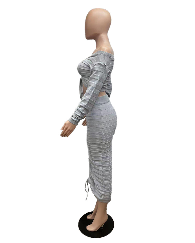 Women's Autumn and Winter Fashion Long Sleeve Off Shoulder Crop Top Drawstring Skirt Knitted two piece Set 14