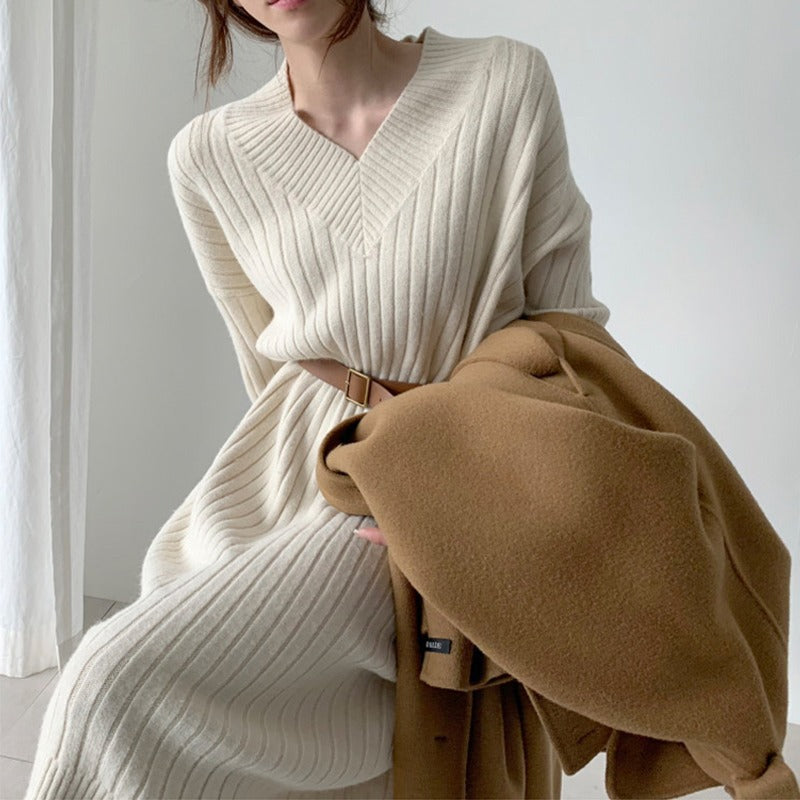 Autumn And Winter Retro Chic Knitting Dress Women's Loose Lazy Style Basic Sweater Long Dress 7