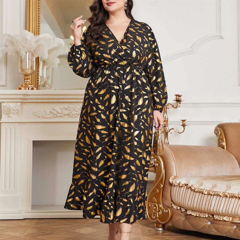 Plus Size comfortable Waist Feather Print Women's Dress 5