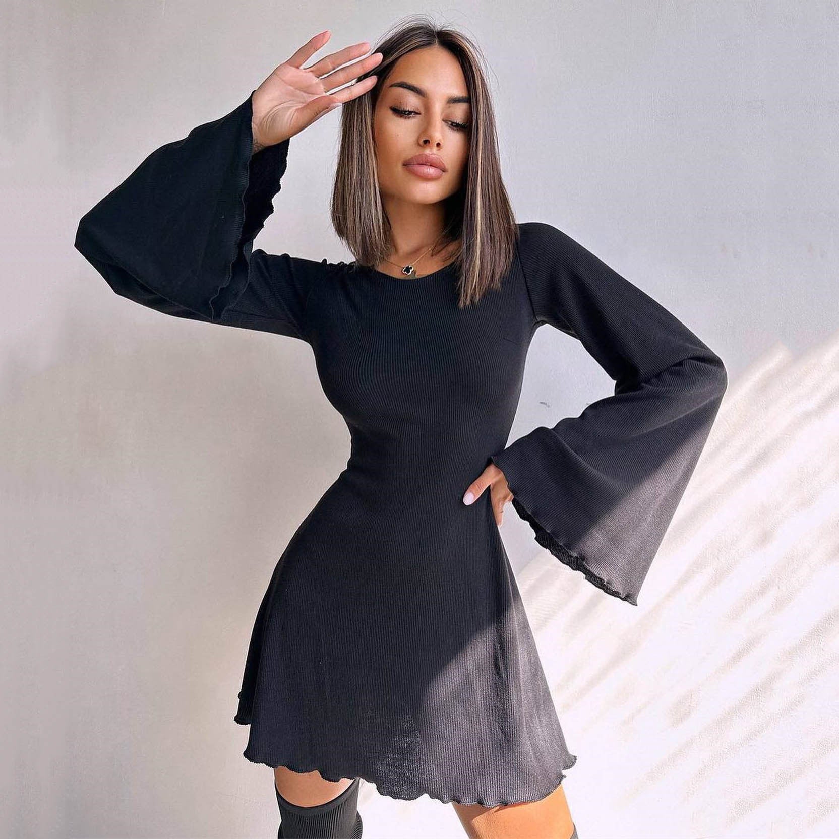 Women's Autumn Fashion Sexy Short Bell Sleeve Round Neck Hollow-Out Lace-Up Dress