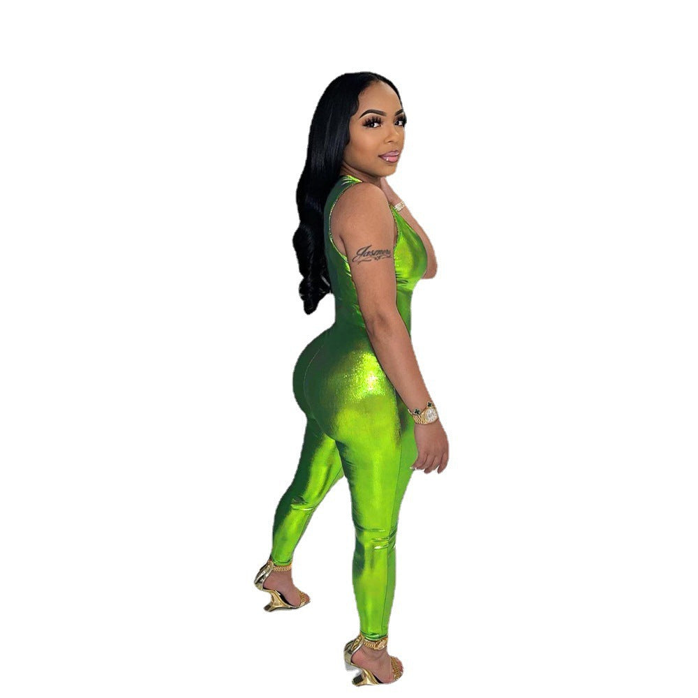 Sexy One Shoulder Solid Color Sleeveless Slim Fitted Pu Leather Jumpsuit 8