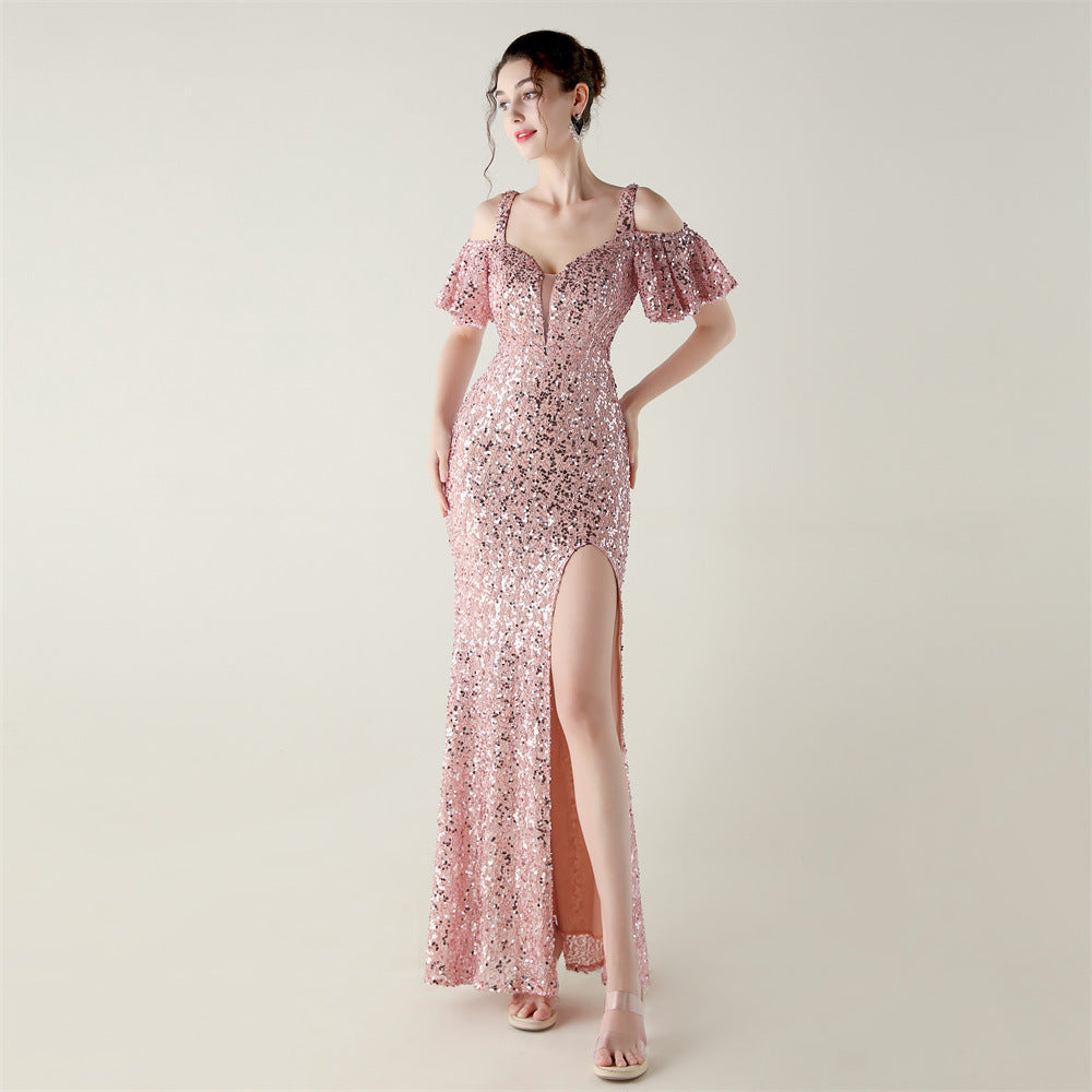 Women sequined sequined  short-sleeved off-shoulder V neck split fishtail Formal Party evening dress 24