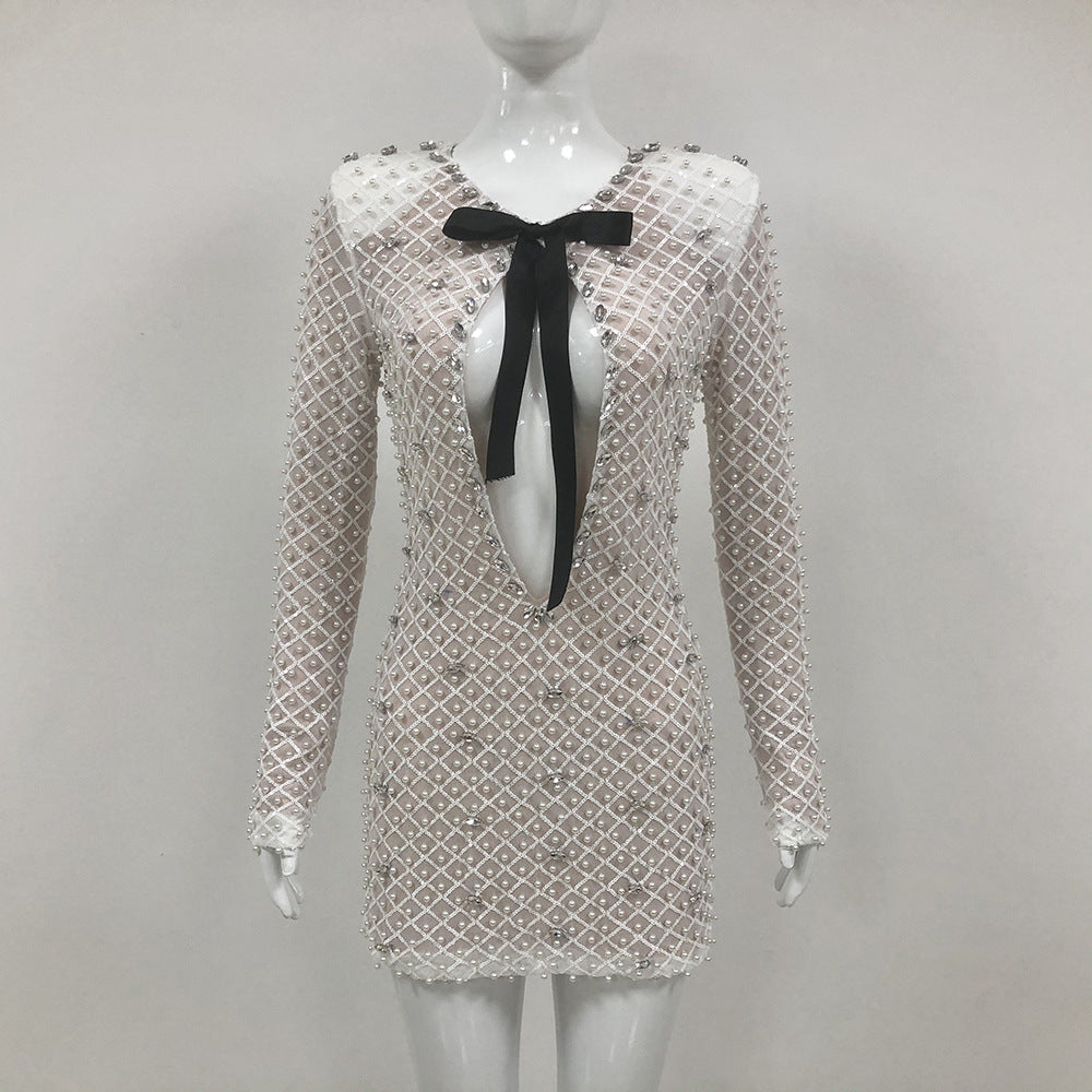 Women long-sleeved beaded rhinestone V Neck party bandage dress 4