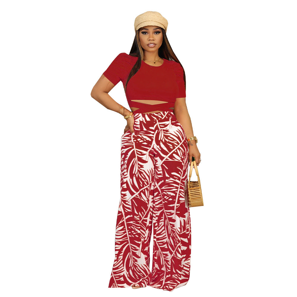 Women's Summer Round Neck Belted Printed Wide Leg Pants Casual Set 4