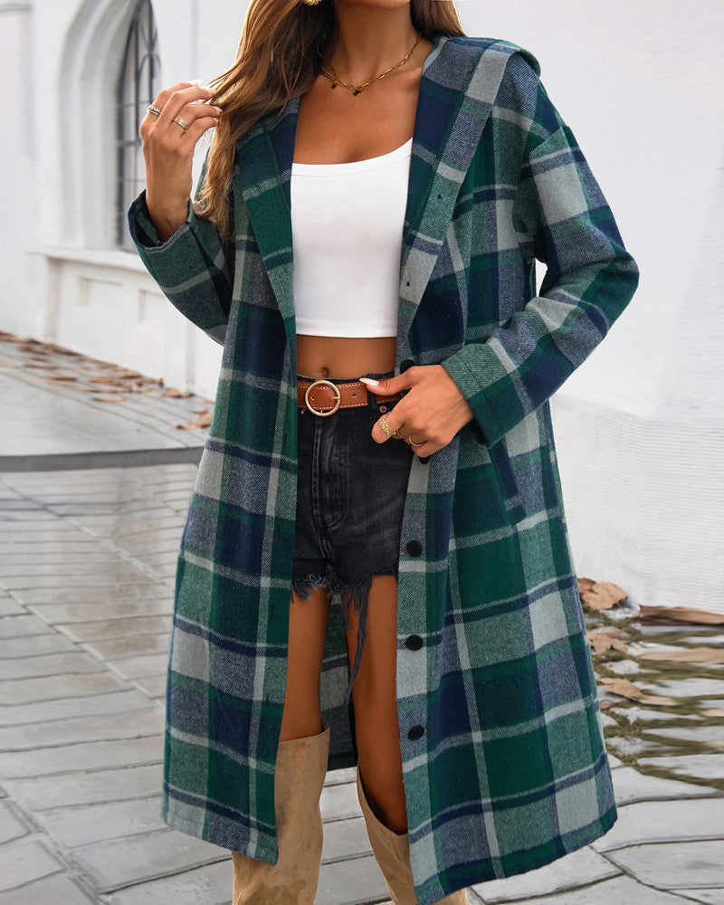 Women Plaid Hooded Long-sleeved Coat 5