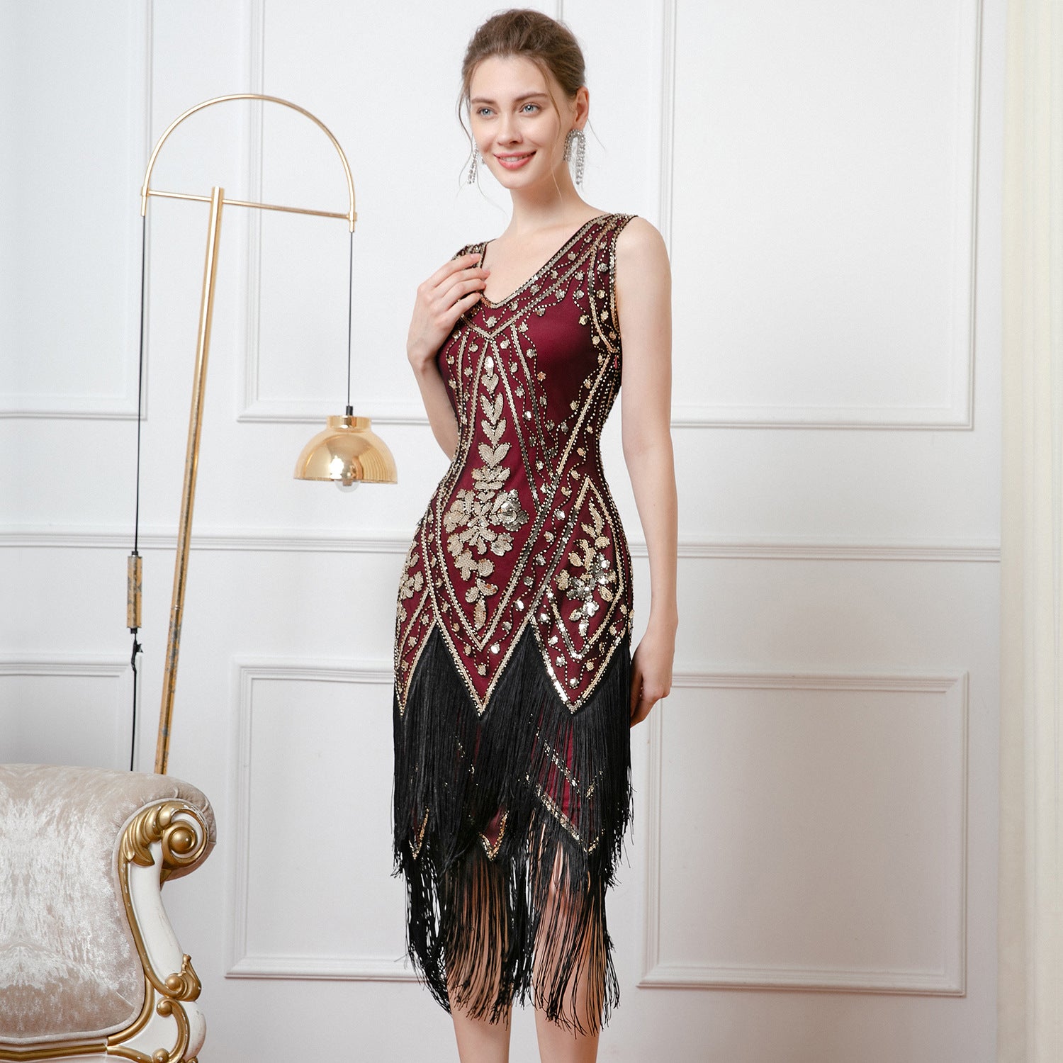 Women Retro Double Layer Tassel Sequin Party V Neck Beading Dress 5