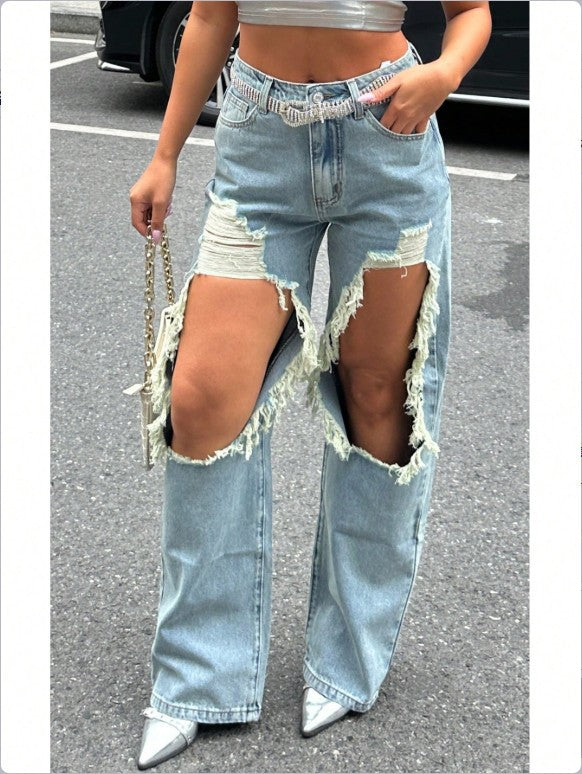 Summer Loose Style Ripped Straight Leg Casual Denim Pants Women 5