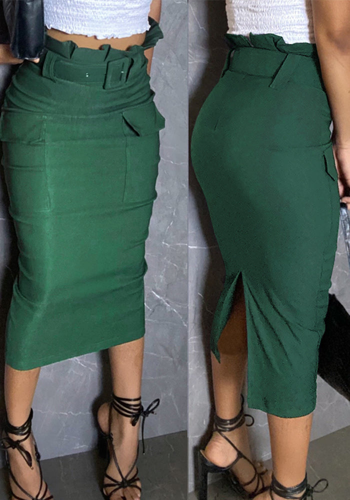 Women's Solid Color High-waist Belt Casual Cargo Long Skirt