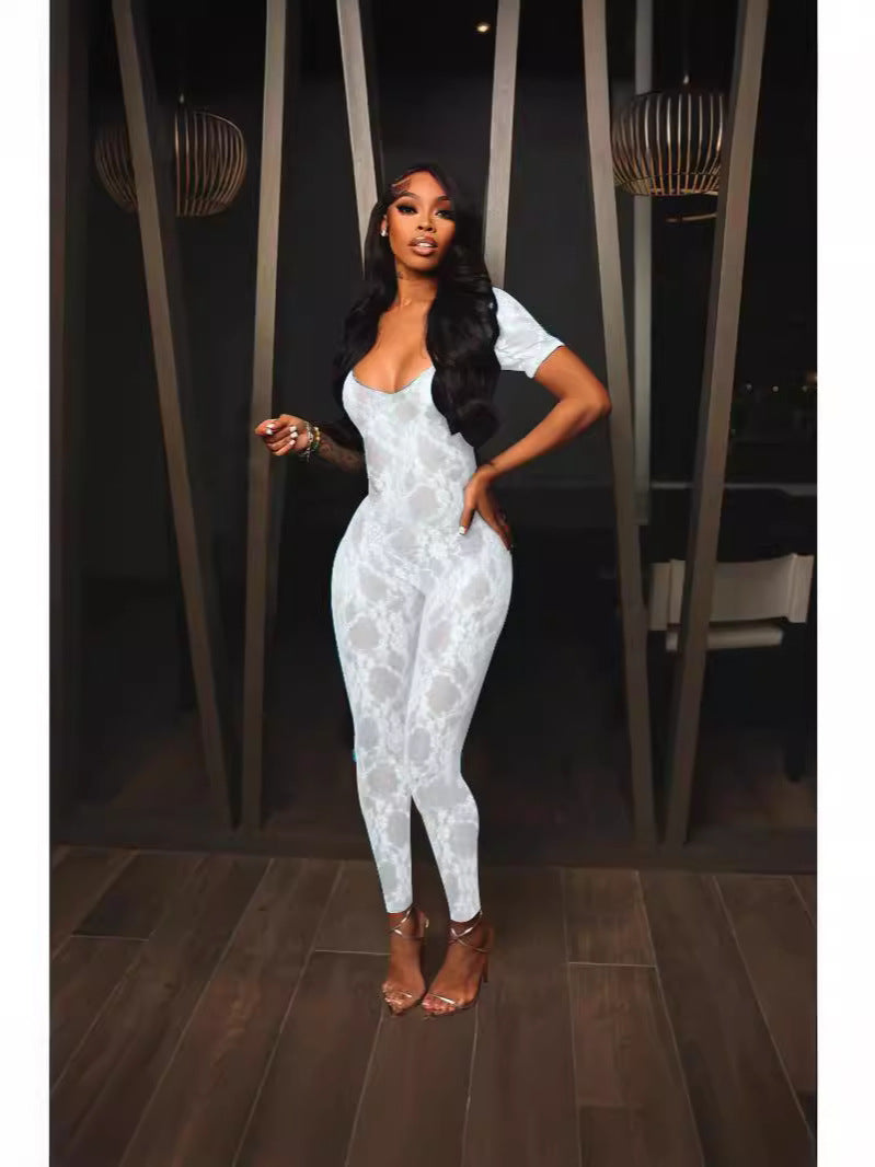 Women Summer Lace Short Sleeve Backless Sexy Jumpsuit 8