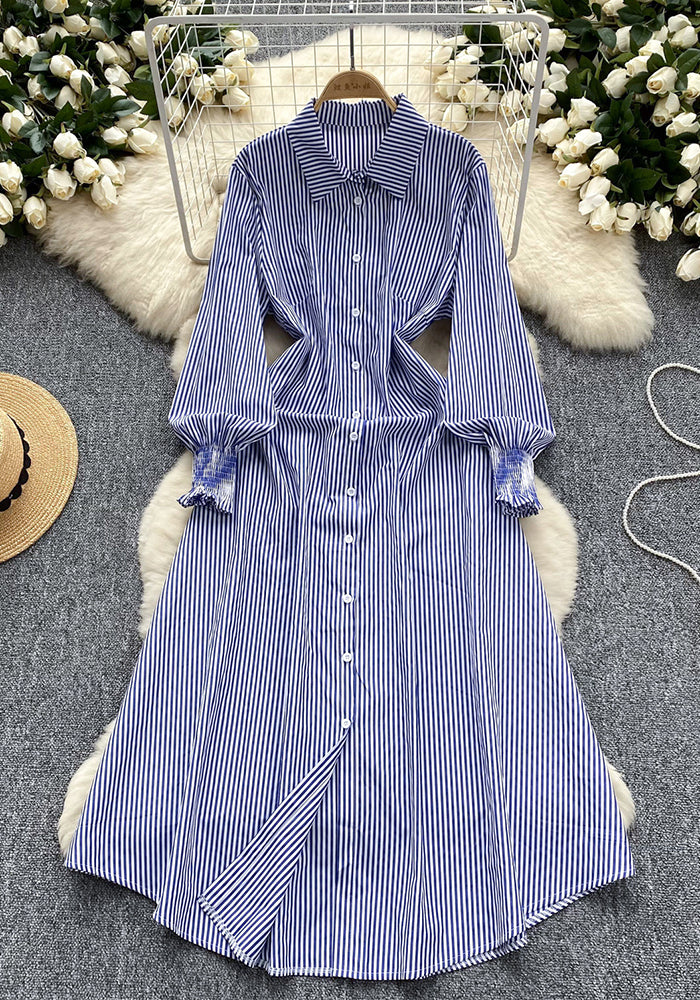 Chic Trendy Long Sleeve Single Button Casual Striped Shirt Dress