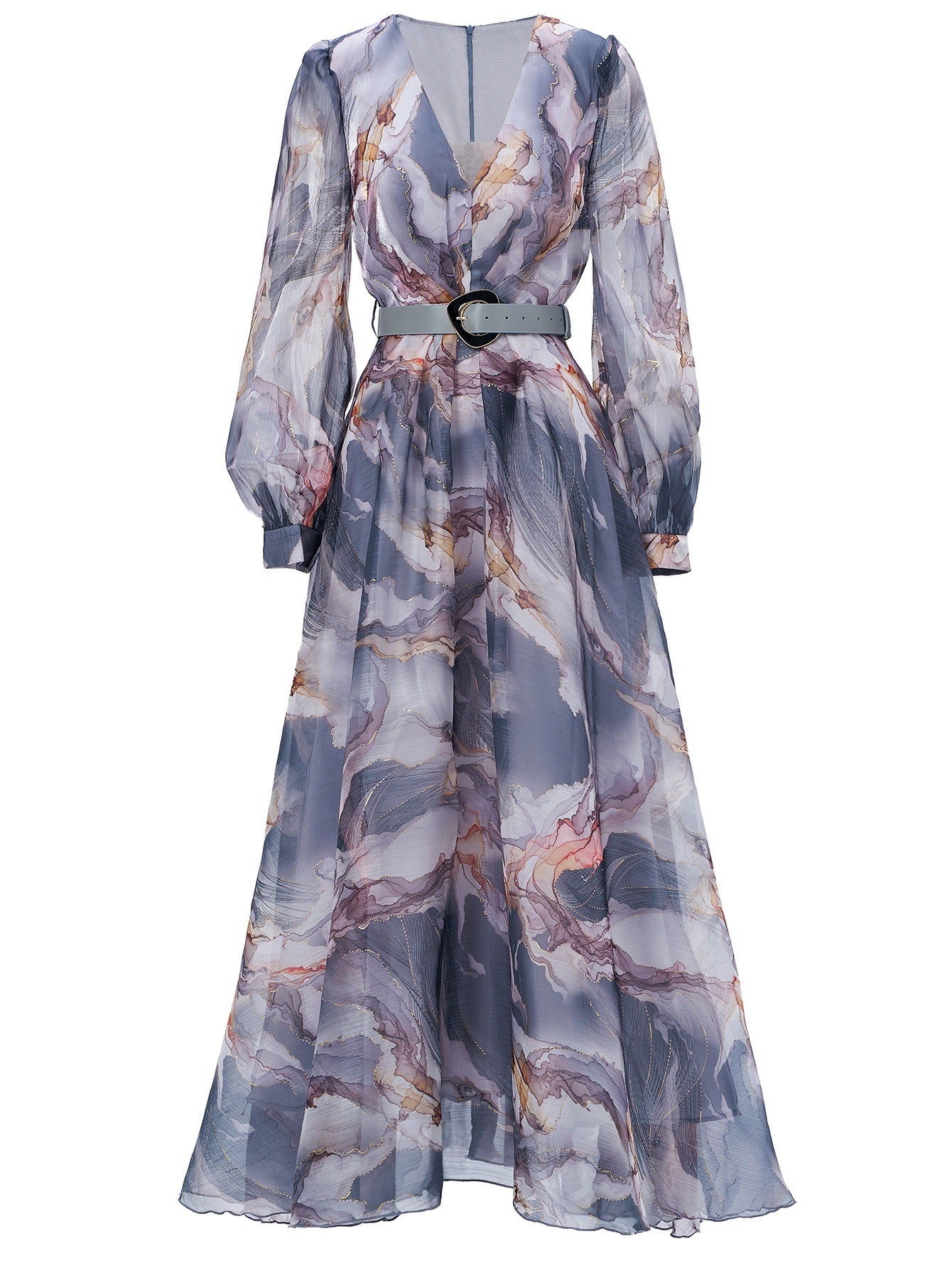 Women long-sleeved V-neck pleated Formal Party mesh dress 4