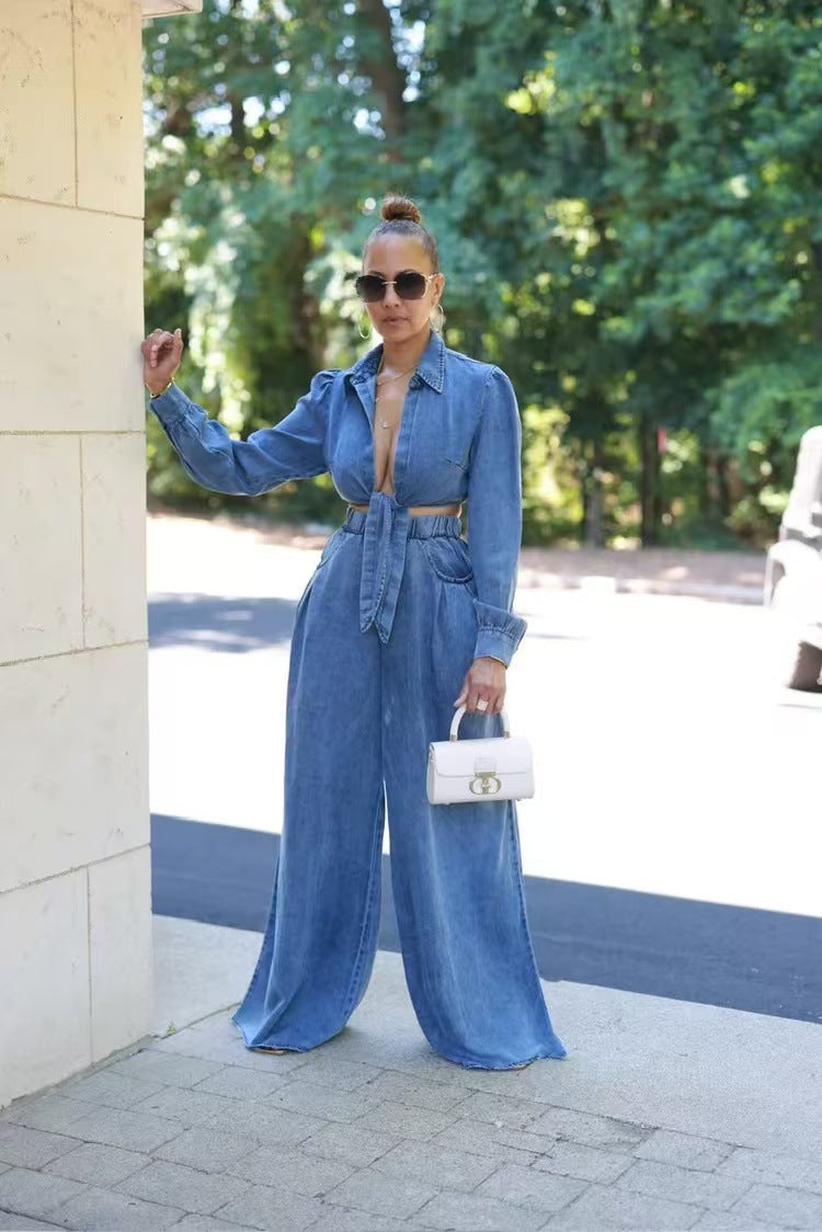 Women Casual Top and wide-leg pants Denim two-piece set 5