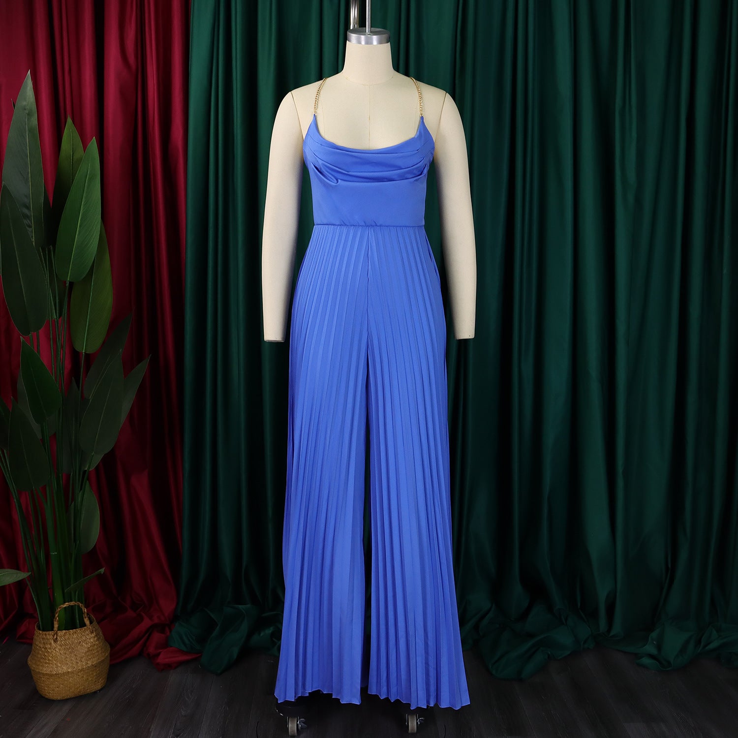 Summer Fashion Sexy Chain Halter Neck Sexy Low Back High Waist Wide Leg Pleated Jumpsuit 28