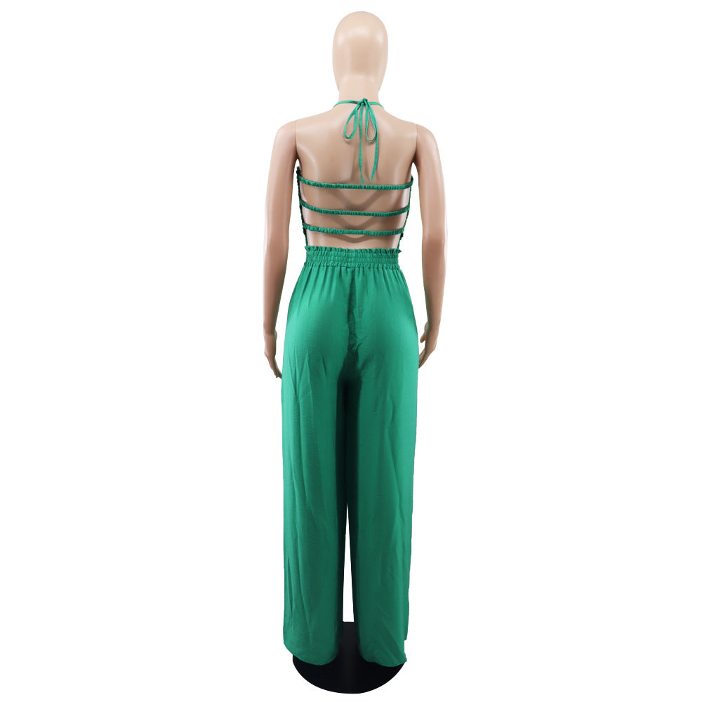 Lace-Up Trendy Wrapped Bust Sexy Low Back Elastic Waist Loose Straight Jumpsuit 15