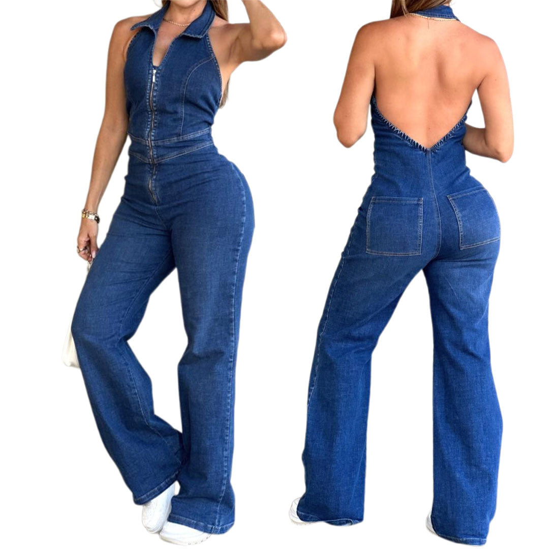 Women's Spring Sleeveless Fashion Halter Low Back Denim Jumpsuit 5