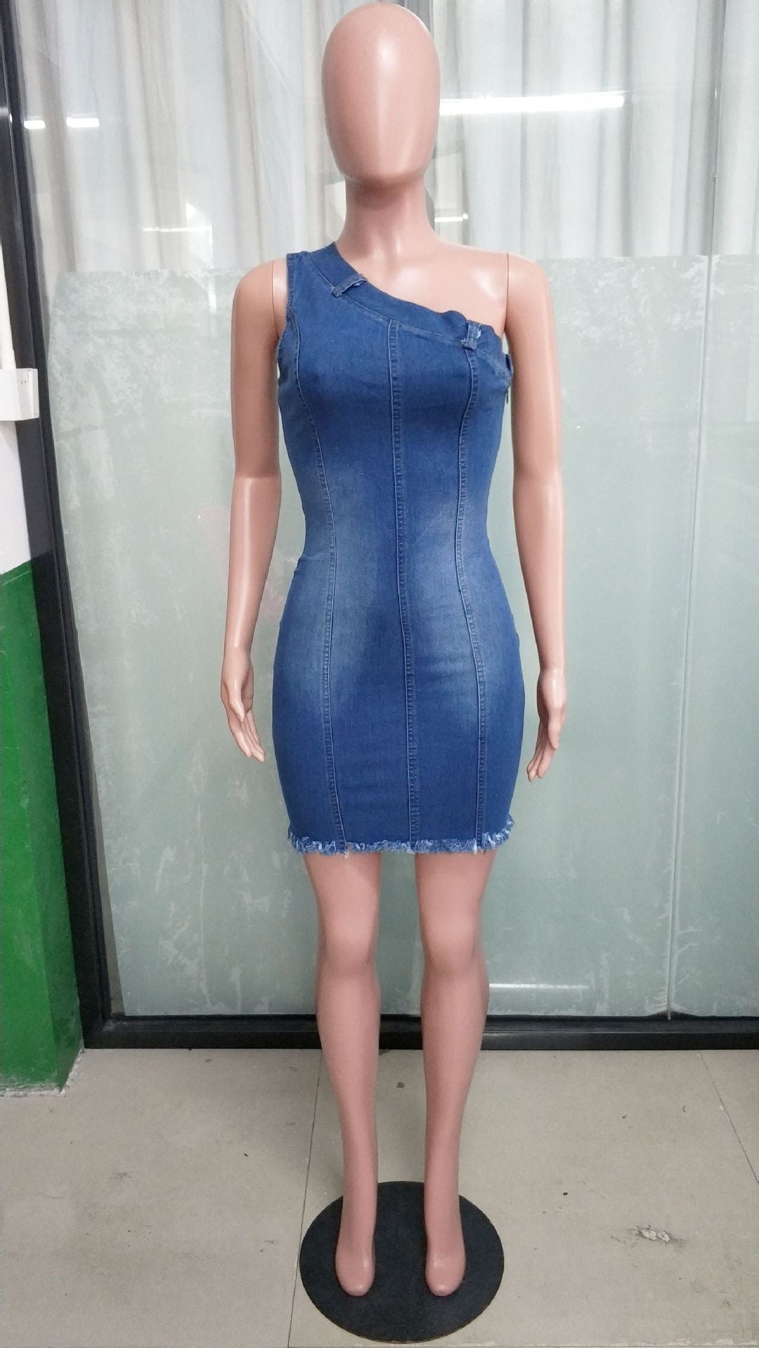 Slash Shoulder Tight Waist Slim Elastic Denim Dress 10