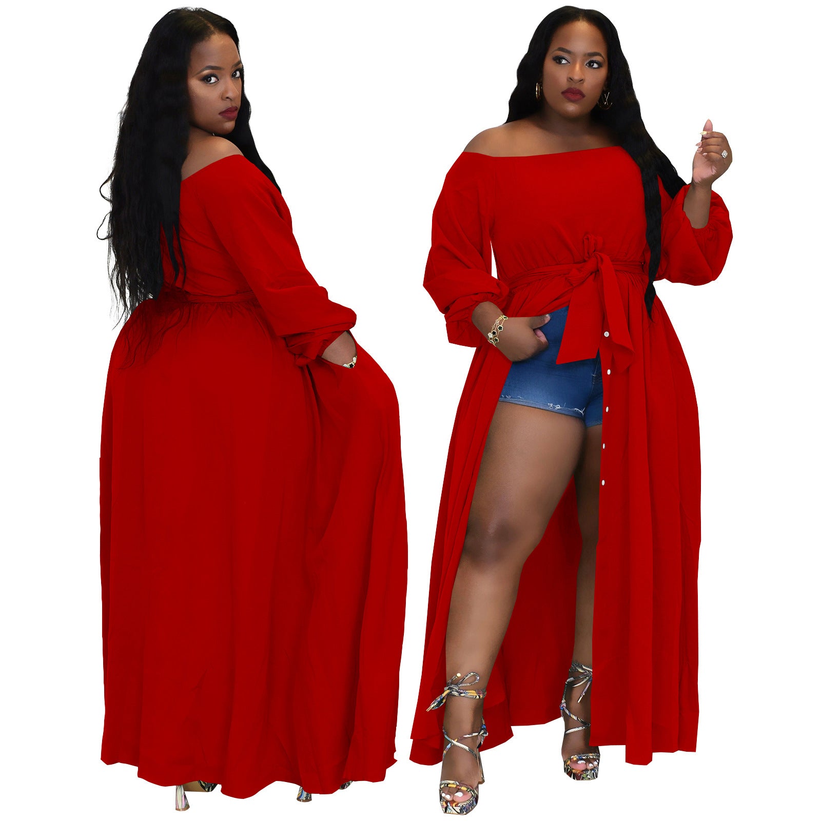 Plus Size Women Long Sleeve Pocket Button Slit Dress
