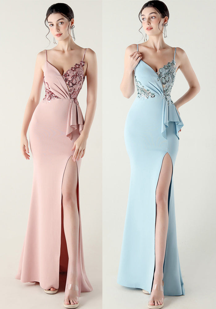 Women beaded tube pleated waist bow embroidery formal party evening dress